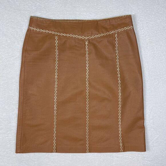 Gap Dresses & Skirts - Vintage GAP Khaki Leather Skirt 10 Lined Contrasting Stitch Camel Brown Y2K